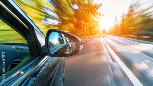 High-speed car image seen through the right side mirror.

