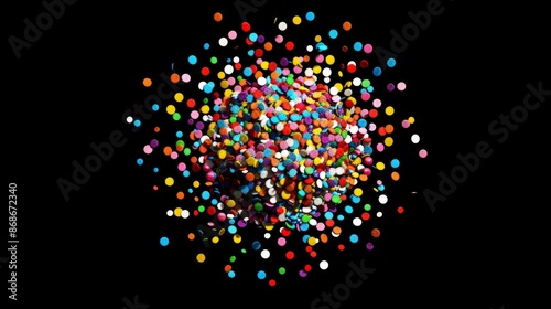 Abstract circular pattern of colorful dessert sprinkles on a transparent black background.