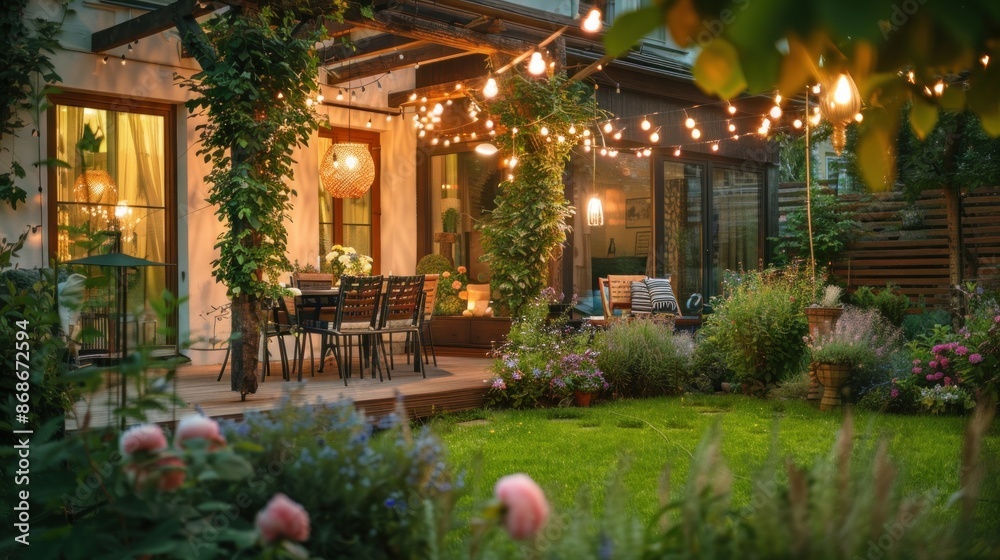 Obraz premium A cozy suburban house patio during a summer evening.