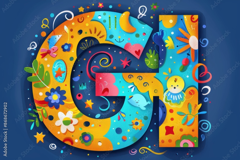 A whimsical illustration of the letter G adorned with playful doodles and bright colors ideal for children's educational materials and playful designs.