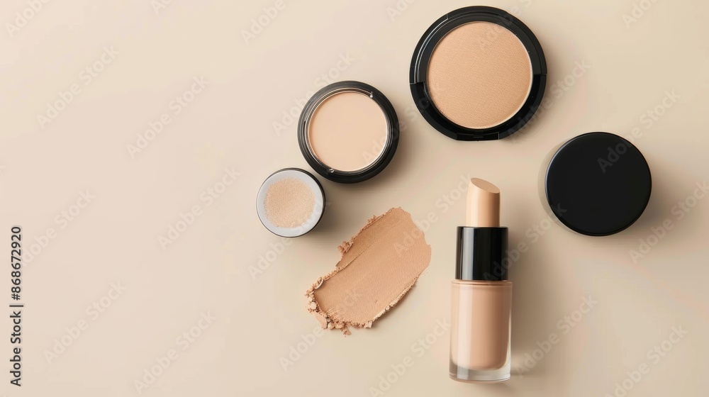 Foundation, Concealer, and Powder Makeup Products on Beige Surface Foundation, Concealer, and Powder Makeup Products on Beige Surface