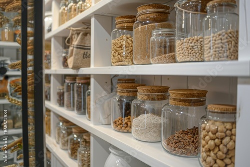 Create a neat and efficient kitchen with an organized and stylish glass jar food storage © yanlong