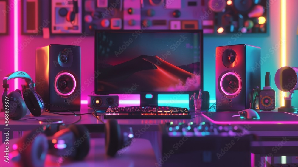 An animated workspace lit with vibrant LED lights in various colors.

