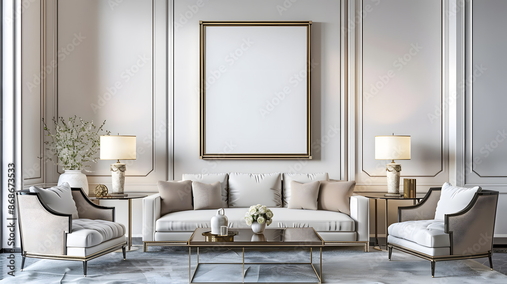Art deco design living room with a wall mockup poster Art deco design living room with a wall mockup poster
