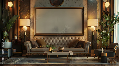 Art deco design living room with a wall mockup poster