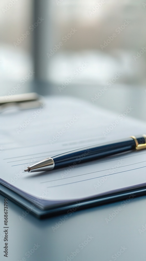A pen lays on a clipboard, ready to fill out paperwork or sign a document. A pen lays on a clipboard, ready to fill out paperwork or sign a document.