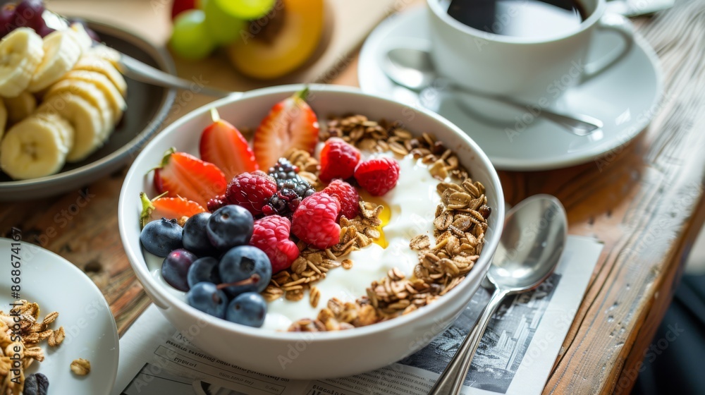 Healthy breakfast setup featuring a bowl of yogurt with a variety of fruits and granola, alongside a cup of coffee and a news Healthy breakfast setup featuring a bowl of yogurt with a variety of fruits and granola, alongside a cup of coffee and a news