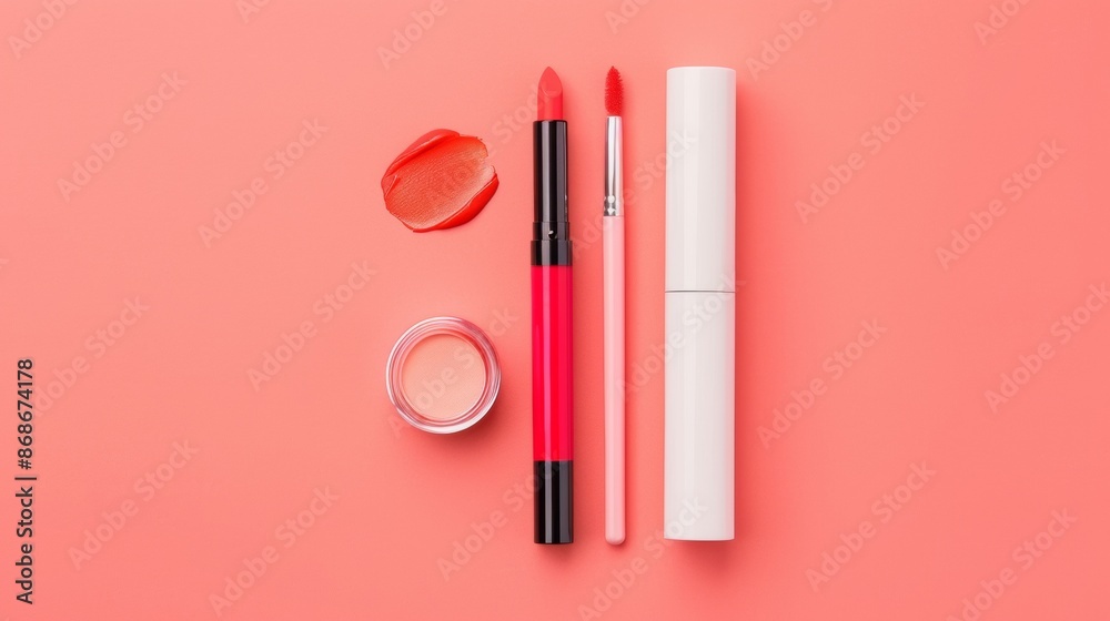 Red Lipstick, Lip Gloss, and Brush on Coral Background Red Lipstick, Lip Gloss, and Brush on Coral Background