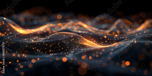 An abstract image with wave of particles on a dark background