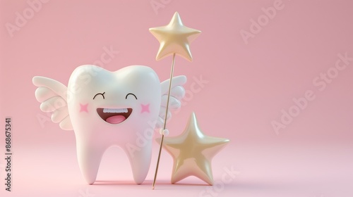 Cute happy tooth as tooth fairy with wings and magic wand on pink background with copy space. National Tooth Fairy Day. Children's tooth fairy