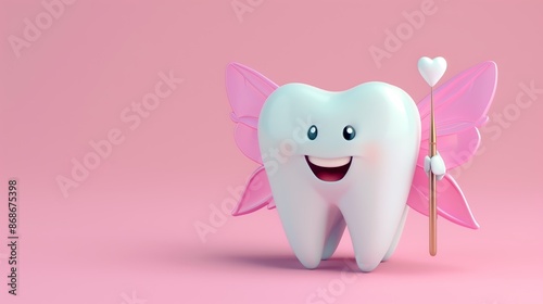 Cute happy tooth as tooth fairy with wings and magic wand on pink background with copy space. National Tooth Fairy Day. Children's tooth fairy