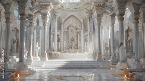 A sacred temple with white marble walls, intricate friezes, and a central altar bathed in soft light.