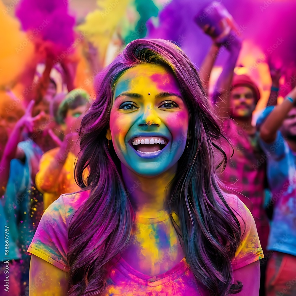 Obraz premium Holiday Holi concept.An explosion of multi-colored paint, bright vibrant pigments. Noisy dust and powder texture, flicker and shimmer noise. Background with hands for design. 