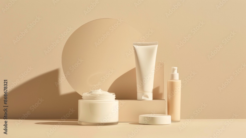 White Cream Jar and Tubes on Beige Background With Circular Shadow White Cream Jar and Tubes on Beige Background With Circular Shadow
