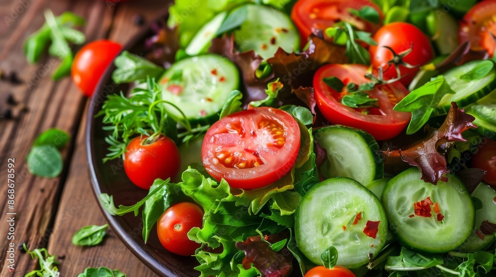 Fresh mixed greens salad with tomatoes and cucumbers Fresh mixed greens salad with tomatoes and cucumbers