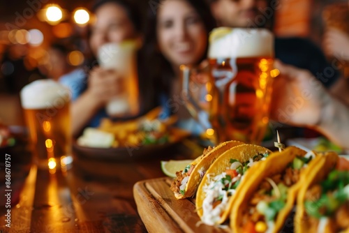 A group of individuals enjoying tacos and beer together at a table