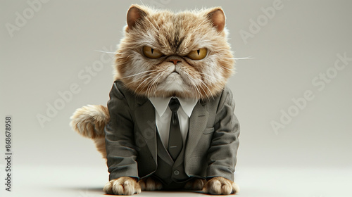 A grumpy cat wearing a suit and tie, sitting and staring