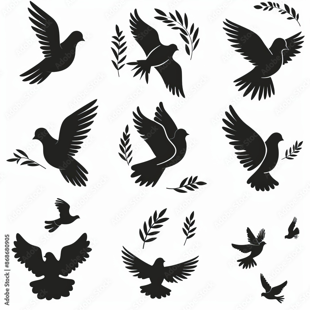 Peace dove graffiti, pigeons, twigs ink illustration. Flying birds silhouettes monochrome flat icons Peace dove graffiti, pigeons, twigs ink illustration. Flying birds silhouettes monochrome flat icons