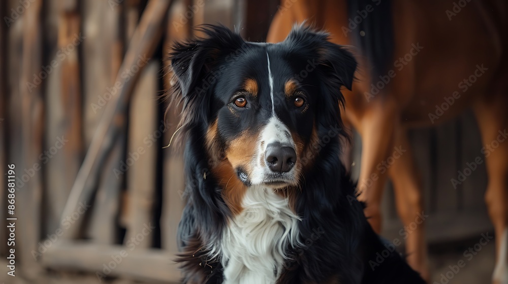 Fototapeta premium Dog sitting on brown border with horse very detailed and realistic shape