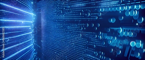 Digital security concept with blue padlock on black background of binary code, data protection and cyber lifestyle banner.