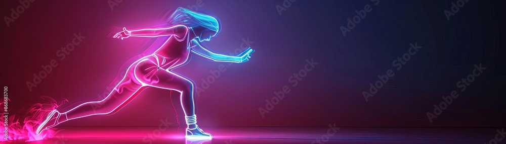 Neon figure of a dancer in midleap, empty area above, with copy space Neon figure of a dancer in midleap, empty area above, with copy space