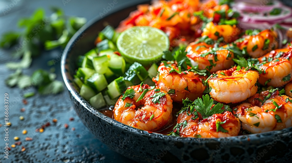 Spicy shrimp ceviche with cucumber and lime in a black bowl. Mexican food Spicy shrimp ceviche with cucumber and lime in a black bowl. Mexican food
