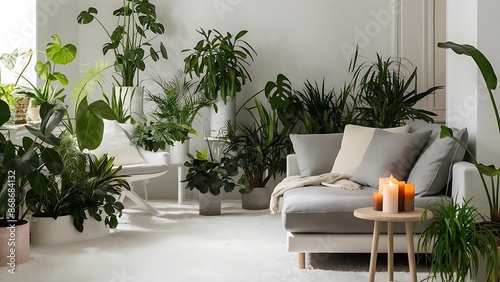 Plants and carpet in white living room interior with candles next to grey couch