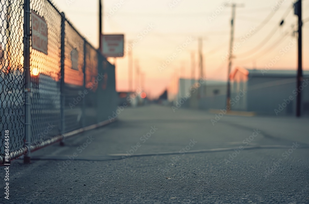 A view of a chain-link fence and sidewalk, with a soft focus sunset in the background. The image evokes a sense of urban quietude. A view of a chain-link fence and sidewalk, with a soft focus sunset in the background. The image evokes a sense of urban quietude.