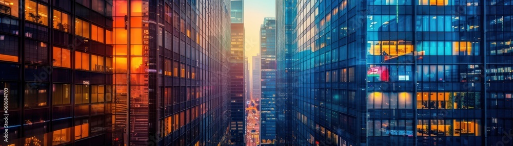 A view of brightly lit windows in towering skyscrapers, glowing against the twilight sky. A view of brightly lit windows in towering skyscrapers, glowing against the twilight sky.