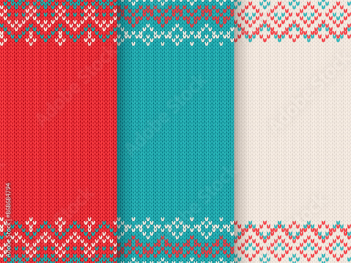 Christmas sweater texture with empty place for text. Knitted pattern. Knit Xmas seamless print. Vector. Festive winter red, white, blue background. Set holiday traditional ornament. Wool illustration