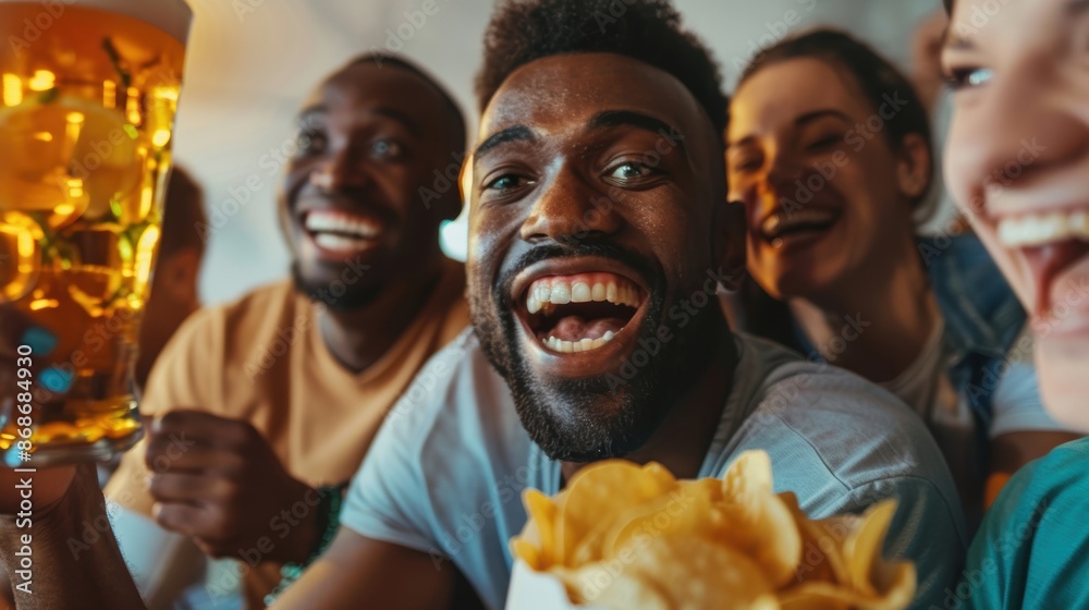 Enjoying snacks with friends who are sports aficionados from different racial backgrounds. Chewing chips and drinking beer while celebrating the season's winning goal Enjoying snacks with friends who are sports aficionados from different racial backgrounds. Chewing chips and drinking beer while celebrating the season's winning goal