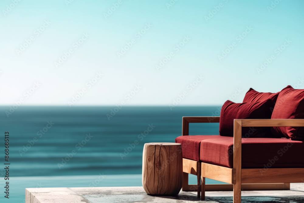 Fototapeta premium A wooden deck chair and a small table with the turquoise ocean in the background
