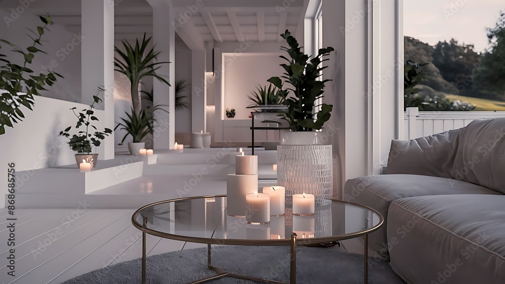 Fototapeta premium Plants and carpet in white living room interior with candles next to grey couch
