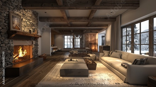 A cozy rustic living room with a minimalist aesthetic  featuring a stone fireplace and comfortable seating. The space is designed to be warm and inviting  with plenty of room for customization.