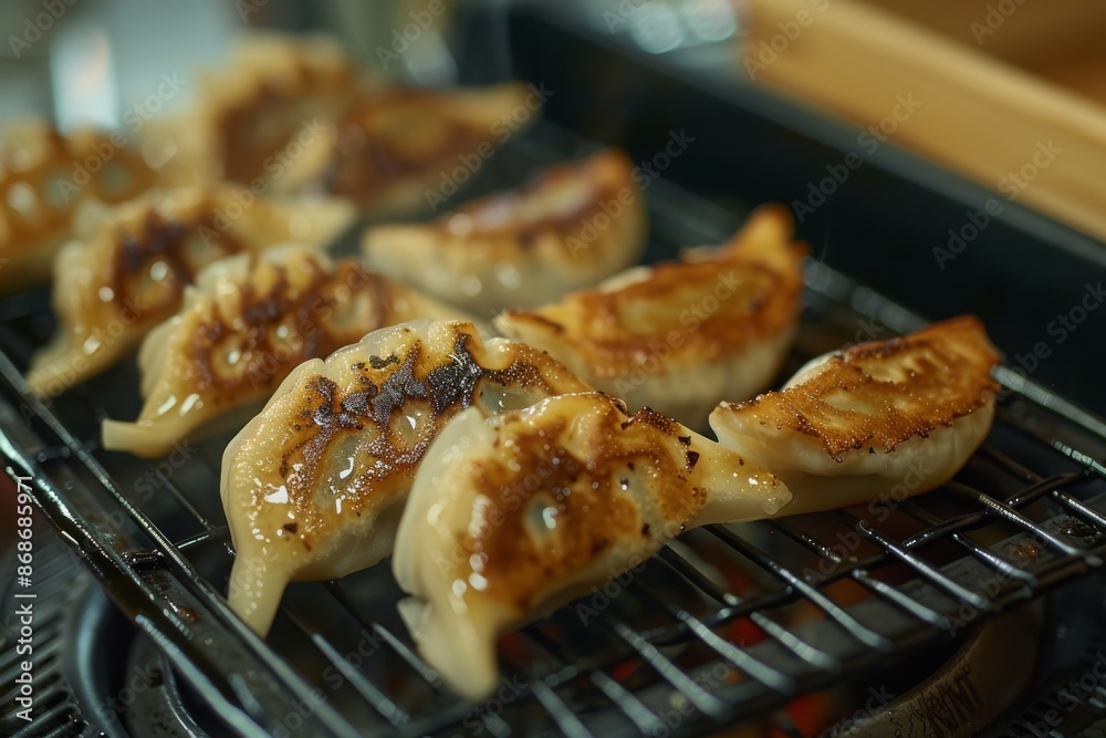 Close Up of Gyoza Dumplings Grilling on a Black Wire Rack Close Up of Gyoza Dumplings Grilling on a Black Wire Rack