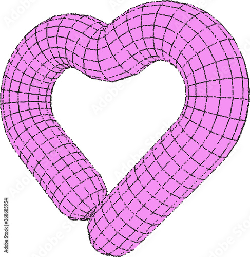 3D wireframe pink heart balloon in futuristic style with a grainy dotted effect. Isolated vector.