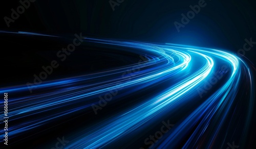 Minimalist Blue Light Trails on Dark Background. Technology and Speed Concept with Copy Space.