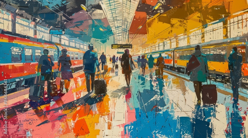 Fototapeta premium A colorful and busy train station, with people boarding and alighting, luggage in tow, capturing the hustle and bustle of travel