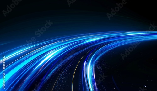 Minimalist Blue Light Trails on Dark Background. Technology and Speed Concept with Copy Space.