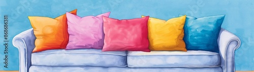 A bright watercolor of a collection of colorful cushions on a sofa, Vibrant hues, Cheerful