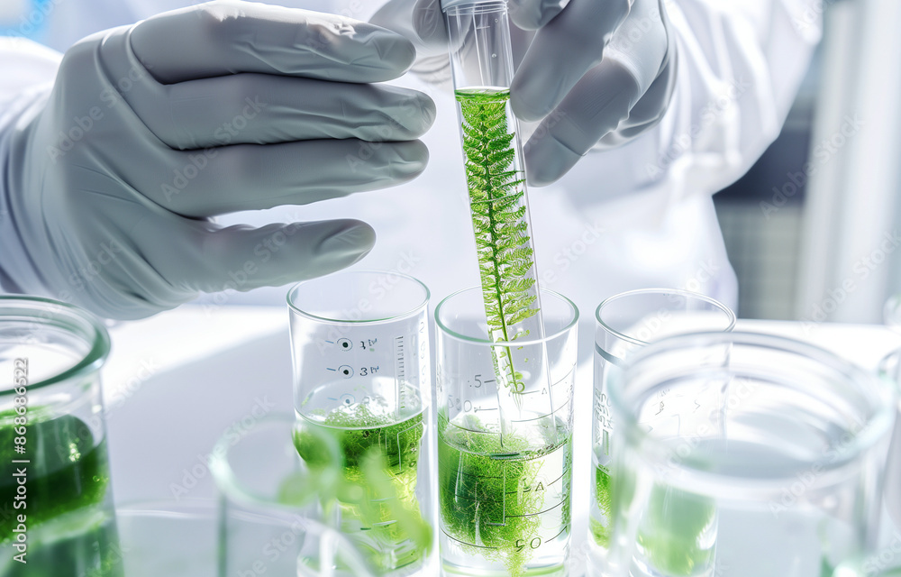 scientist working in laboratory with alge or plant scientist working in laboratory with alge or plant