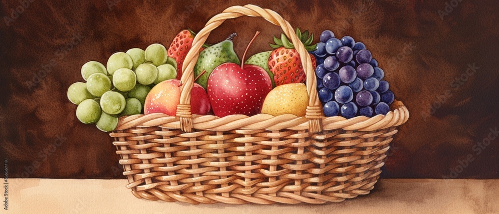 A rustic watercolor of a wicker basket filled with freshly picked apples, Earthy tones, Charming A rustic watercolor of a wicker basket filled with freshly picked apples, Earthy tones, Charming