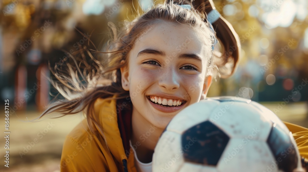 Naklejka premium Happy adolescent girl in the playground, having fun with a soccer ball