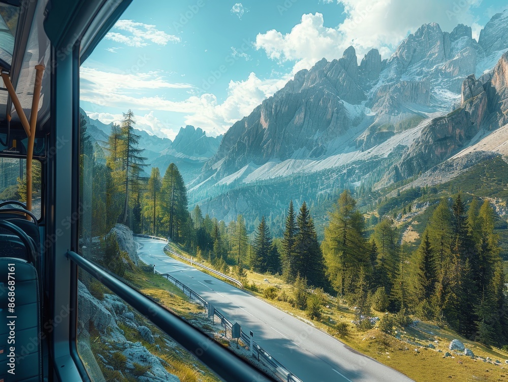 A luxurious tour bus on a scenic highway, with large windows offering breathtaking views of the mountains A luxurious tour bus on a scenic highway, with large windows offering breathtaking views of the mountains