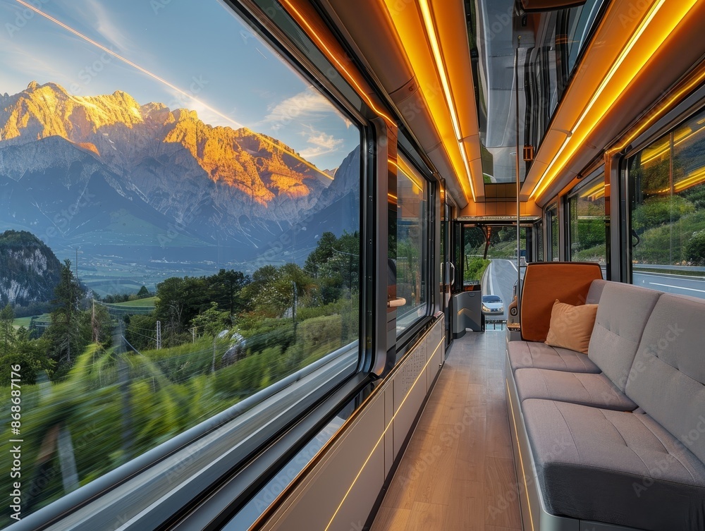 Fototapeta premium A luxurious tour bus on a scenic highway, with large windows offering breathtaking views of the mountains