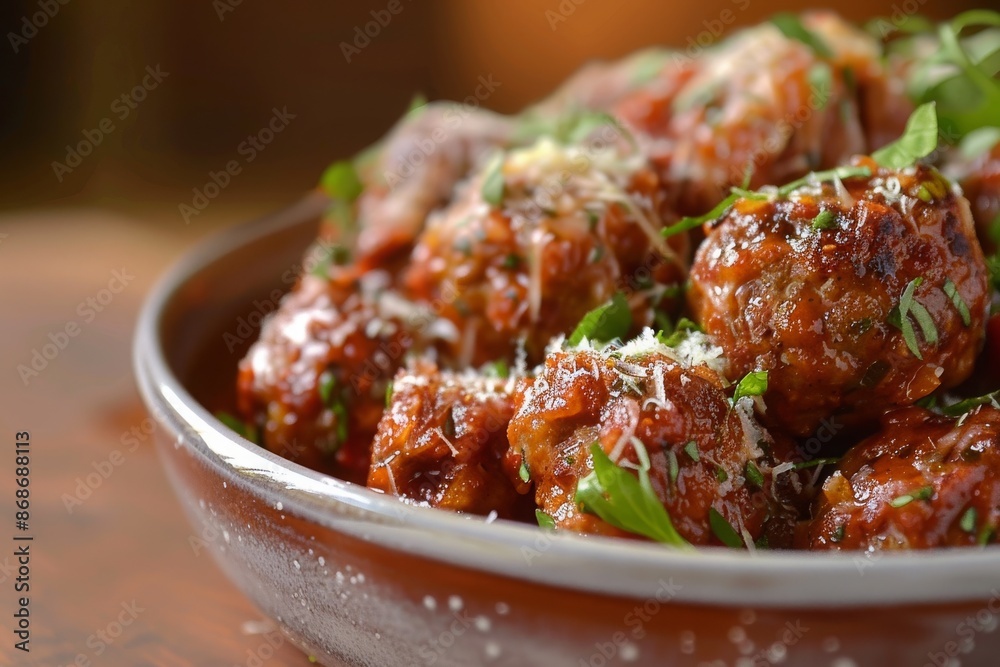 A Bowl of Italian Meatballs with Tomato Sauce and Parmesan Cheese A Bowl of Italian Meatballs with Tomato Sauce and Parmesan Cheese