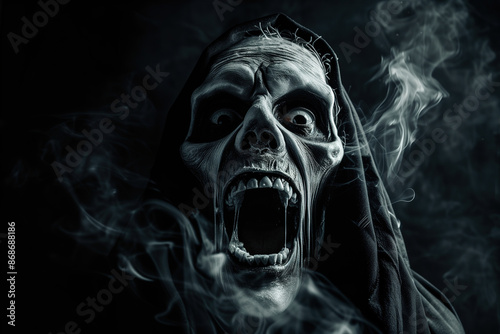 Terrifying Grim Reaper with smoke and dark background