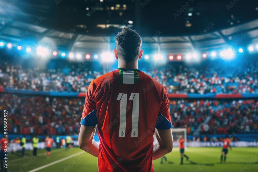 Fototapeta premium Into the packed stadium for a match, a male professional soccer player with the number 10 on the back of his shirt representing the Costa Rica national team.