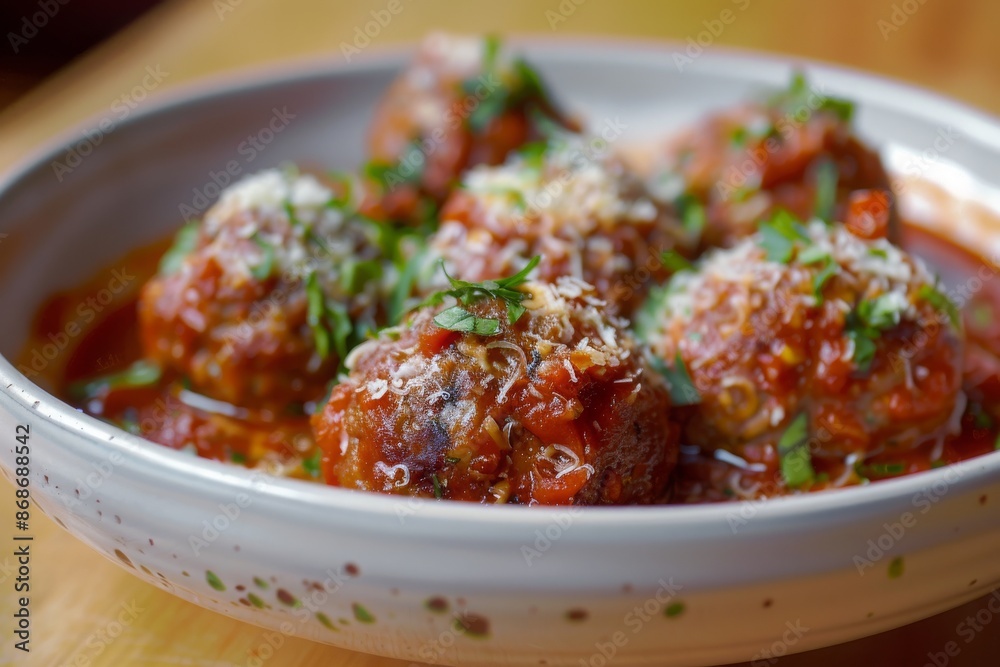 Close-up of Meatballs in Tomato Sauce with Parmesan and Parsley Close-up of Meatballs in Tomato Sauce with Parmesan and Parsley