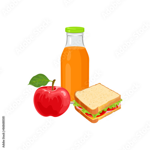 School lunch. Bottle of orange juice, sandwich and red apple. Vector cartoon illustration of healthy food. 